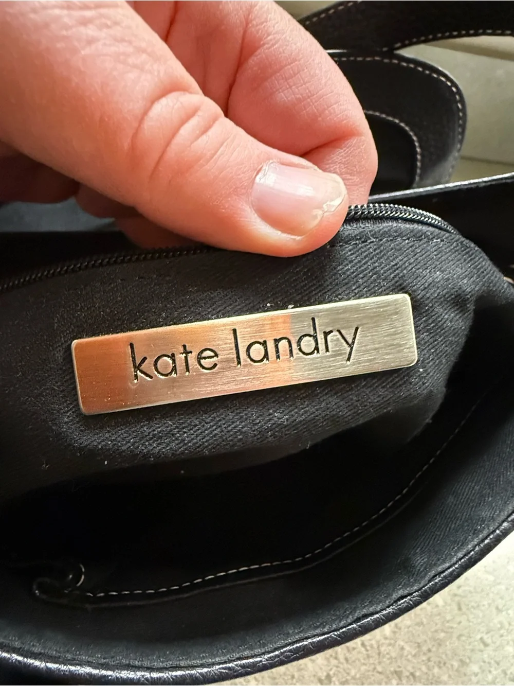 Kate Landry Pebbled Black Leather Shoulder Bag with Contrast Stitching